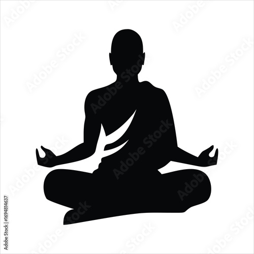 Silhouette of a person meditating in a lotus pose with a white abstract element