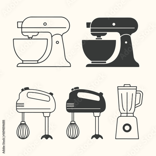 Vector art of collection of kitchen appliances including stand mixers, hand mixers, and a blender