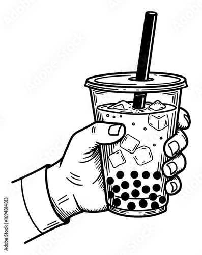 Hand Holding Bubble Tea with Straw and Ice Cubes Black and White Outline Line Art Drawing Illustration