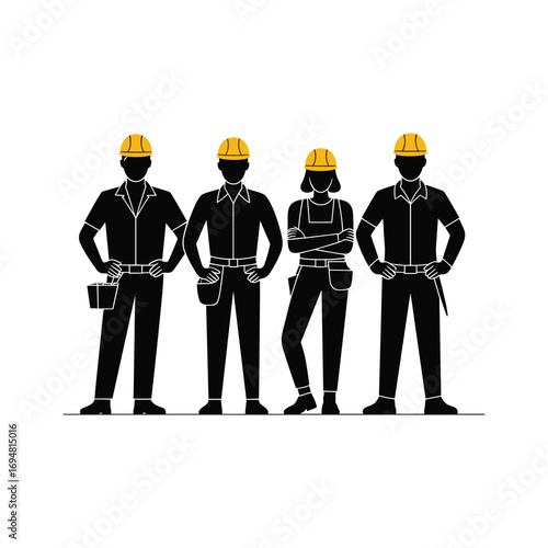 Diverse construction team silhouette professionals ready for work wearing hard hats and tool belts
