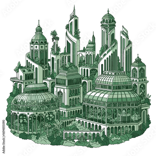Futuristic green cityscape with elaborate gardens and towers  