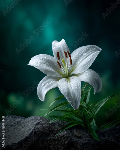 A stunning close-up of a white lily with perfect petals covered in glistening water droplets, emerging from a dark rock with a lush, green background.