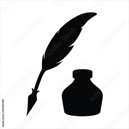 Black silhouette of a quill pen and inkwell on a white background
