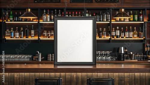 Blank canvas mockup above bar counter displaying menu or advertisement