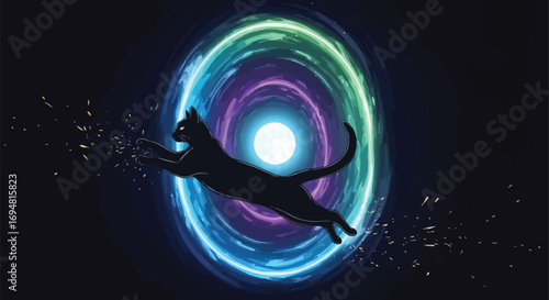 Leaping black cat travels through vibrant space portal art