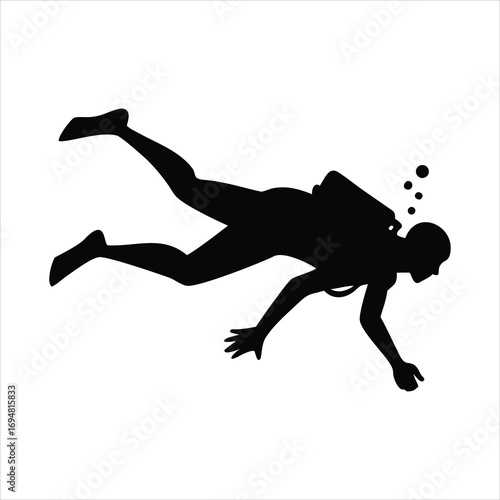 Silhouette of a scuba diver swimming underwater with bubbles