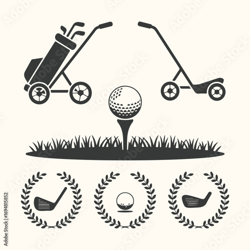Vector art of golf equipment and ball on tee with grass and laurel wreaths