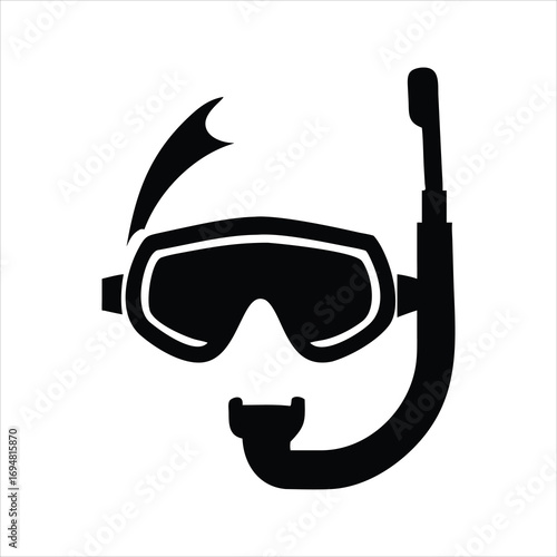 Black silhouette of snorkel mask and tube on white background