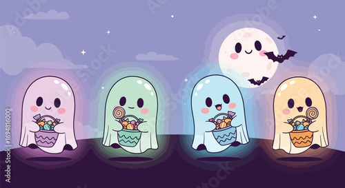 Charming ghosts trick or treating under a smiling moon