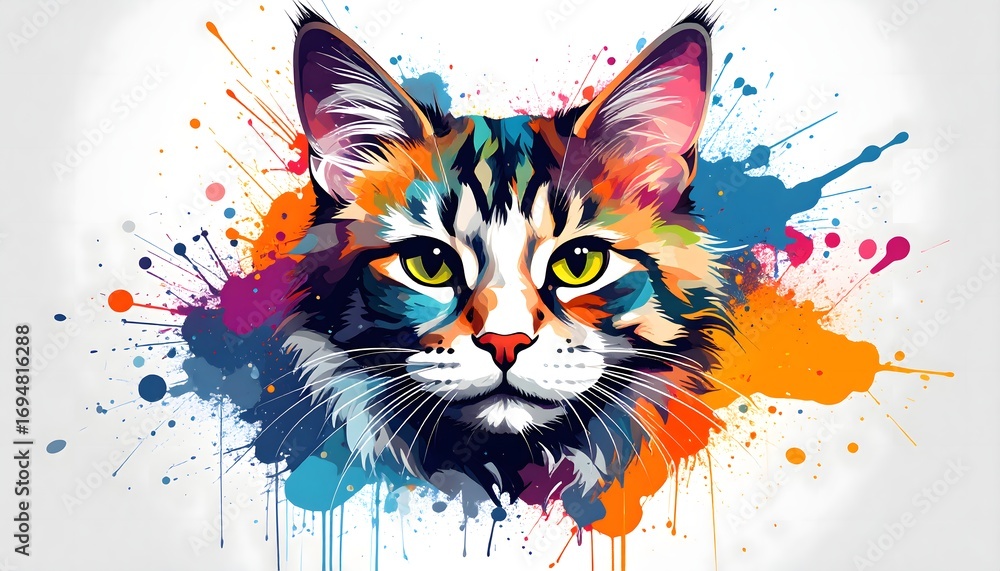 Naklejka premium A vibrant and artistic digital painting of a majestic cat's face with an explosion of colorful watercolor paint splatters on a white background