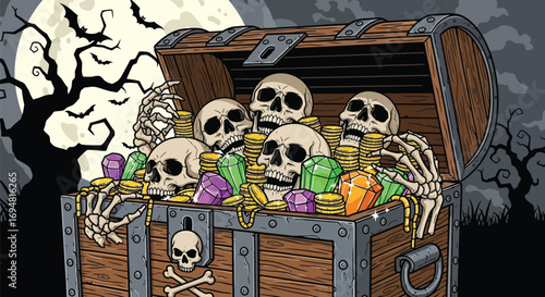 Spooky treasure chest filled with jewels and skulls at night