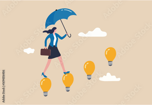 Career success with business knowledge or creativity, woman leadership or career growth and achievement concept, smart businesswoman walking on innovative light bulb idea lamp as stairway to success. 