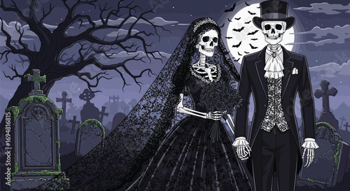 Spooky skeleton bride and groom in graveyard moonlight wedding