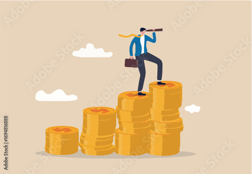 Financial visionary, investment growth, interest rate rising up or economic forecast concept, businessman leader on growth money stack using telescope or spyglass looking forward for bright future.