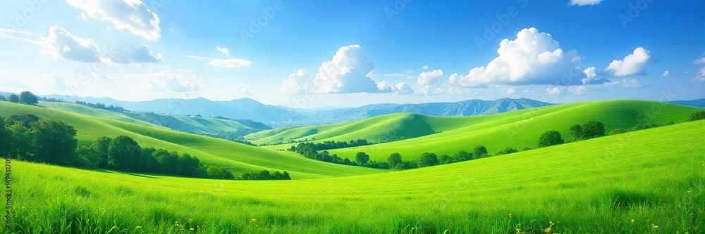 Obraz premium Serene vista of rolling hills, lush green meadows under a vibrant blue sky Perfect for travel, nature, or environmental themes Tranquil scene evokes peace and calmness , outdoor, rural, calm