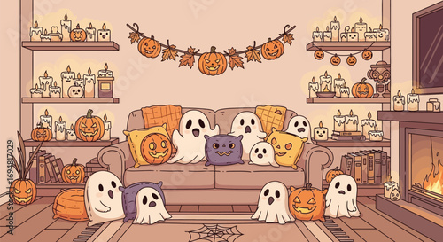 Cozy Halloween ghost party with pumpkins and candles galore