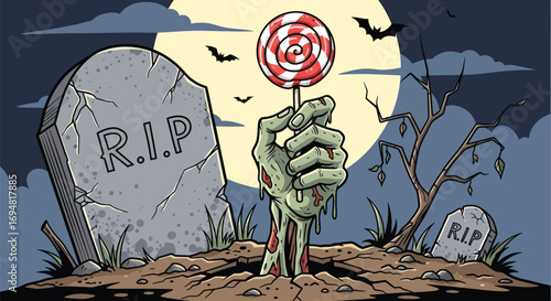 Zombie hand rising with lollipop in graveyard Halloween treat