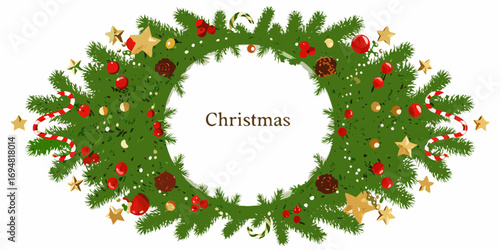 Festive christmas wreath decorated with ornaments berries pine cones and candy canes on white background