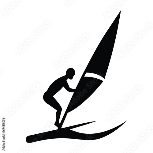 Black silhouette of a person windsurfing on a white background