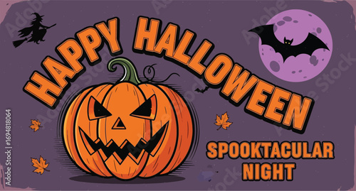 Happy Halloween spooky night with pumpkin and flying bats