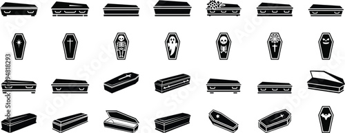 Collection of black coffin icons and illustrations