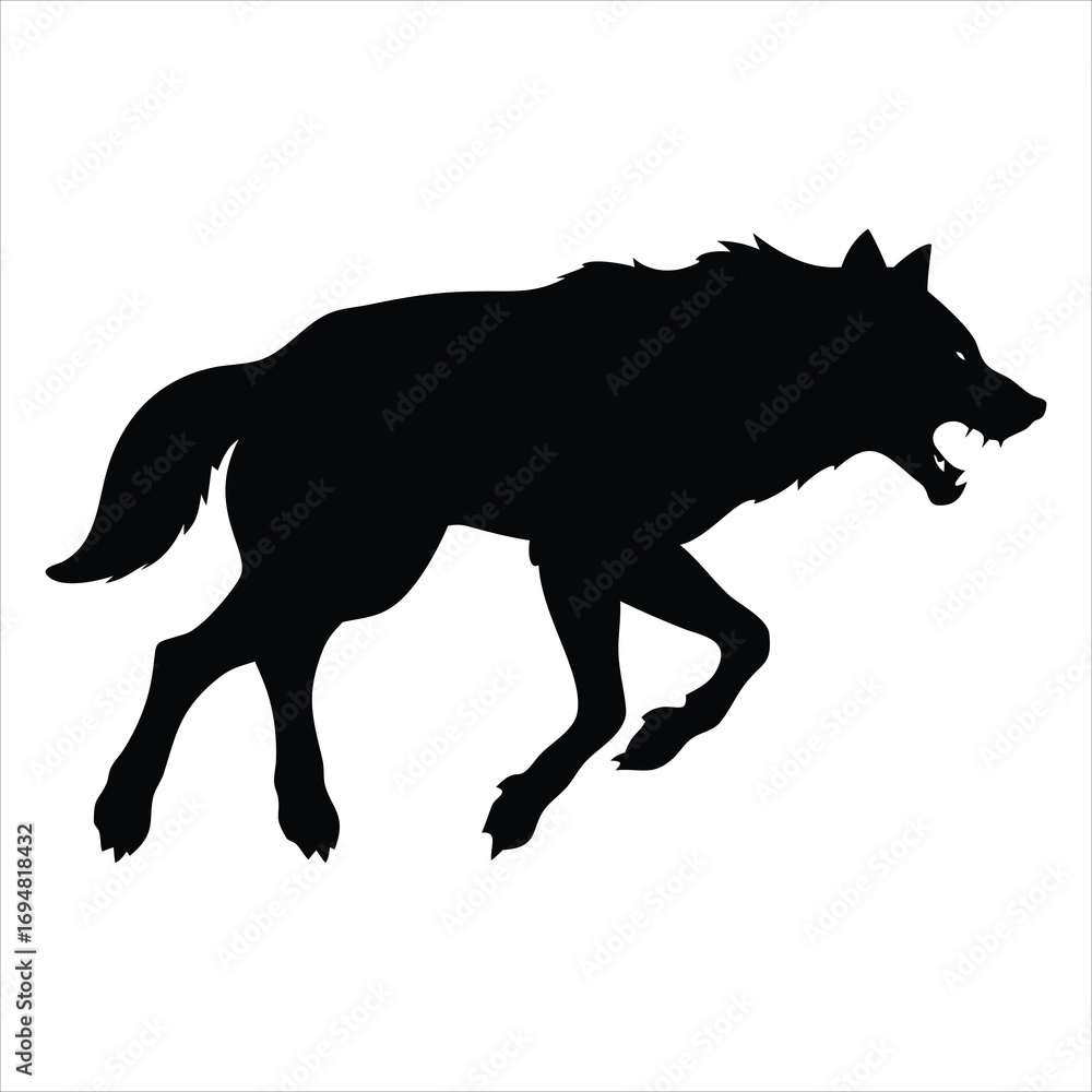 Fototapeta premium Aggressive wolf silhouette running with open mouth and bared teeth