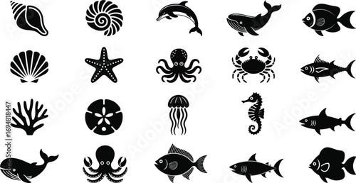 Black silhouette icons of marine life and shells ocean