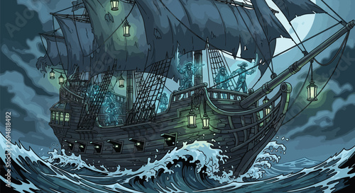 Ghostly pirate ship sailing stormy seas at night illustration