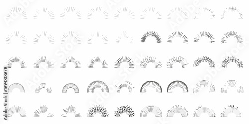 Collection of diverse hand drawn sunburst and radiating semicircle graphic elements and icons