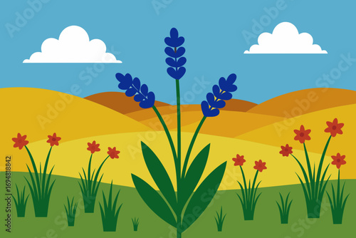 Stylized lavender and red flowers in a rolling field under a blue sky