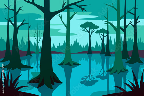Stylized flat design swamp forest with reflections in water