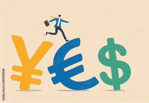 Foreign Exchange trading between currency around the word or investment fund flow concept, success businessman investor wearing suit walking on Japanese yen, Euro and US Dollar money currency symbol