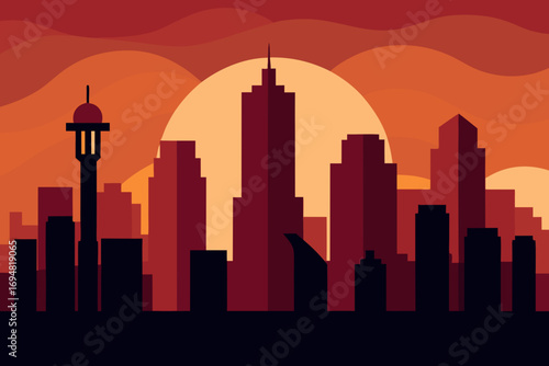 Modern city skyline silhouette at sunset with warm orange hues