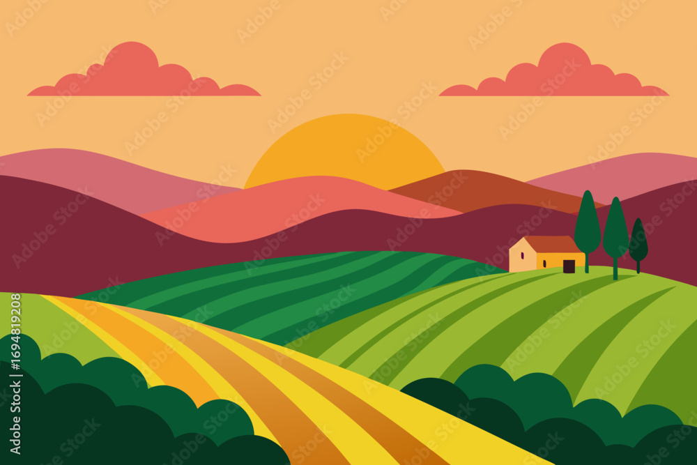 Obraz premium Stylized landscape with rolling hills farm and sunset in warm colors