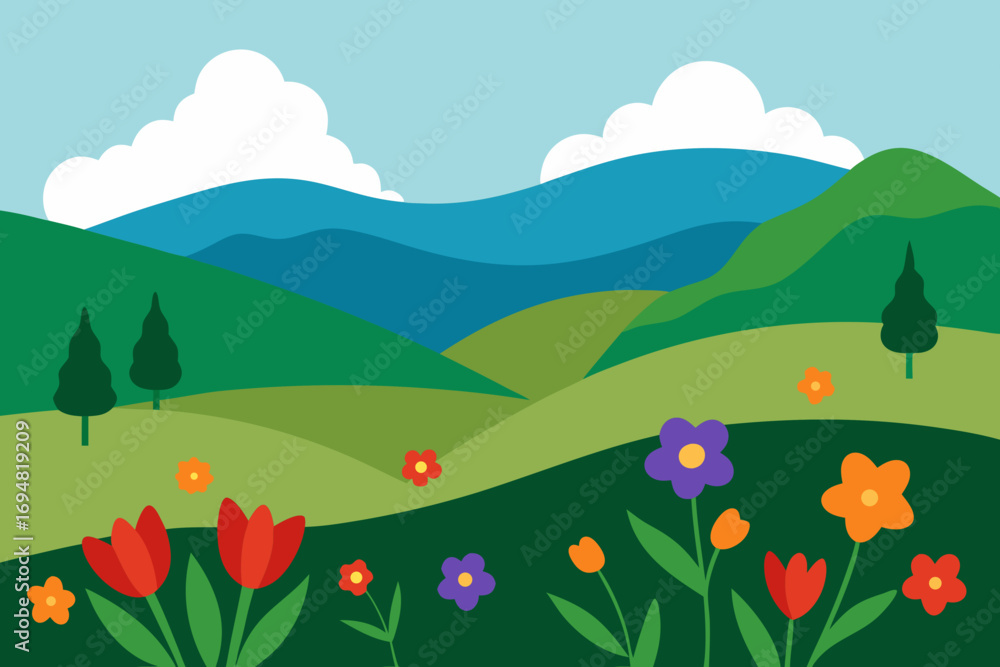 Fototapeta premium Vibrant spring landscape with rolling hills and colorful wildflowers