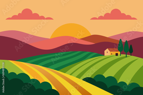 Stylized landscape with rolling hills farm and sunset in warm colors