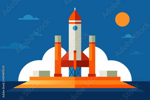Stylized rocket launch pad with rocket ship ready for liftoff