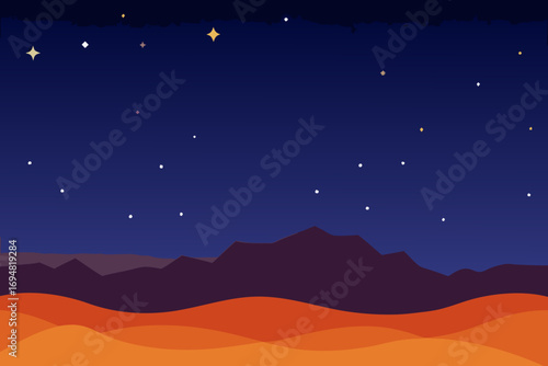 Vibrant desert landscape under a starry night sky with distant mountains