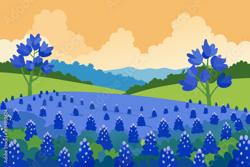 Vibrant texas bluebonnet field under a cloudy orange sky