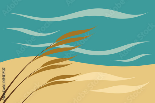 Stylized illustration of reeds swaying on a sandy beach with abstract waves