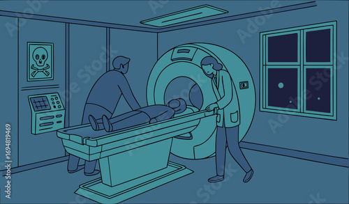 A high-tech radiology room with an MRI machine and a technician helping a patient onto the machine bed. The room has dim blue lighting, safety warning signs, and a glass observation window. Add realis