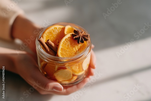 Hands holding glass jar of autumn potpourri with dried oranges, cinnamon, and pinecones, cozy seasonal detail