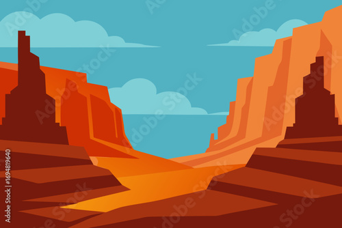 Vibrant flat design canyon landscape with orange cliffs and blue sky
