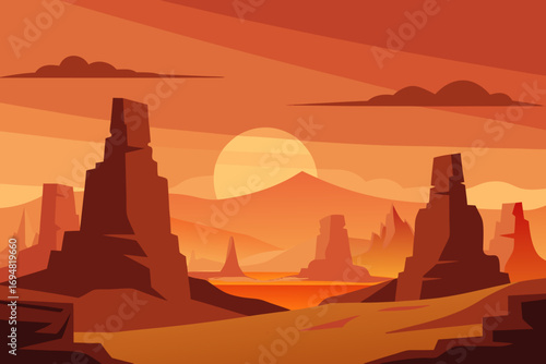 Stylized desert landscape with rock formations and a large sun at sunset