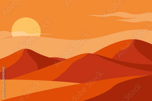 Vibrant desert landscape with rolling dunes under a warm orange sunset sky
