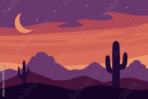 Desert landscape with saguaro cacti and crescent moon at twilight