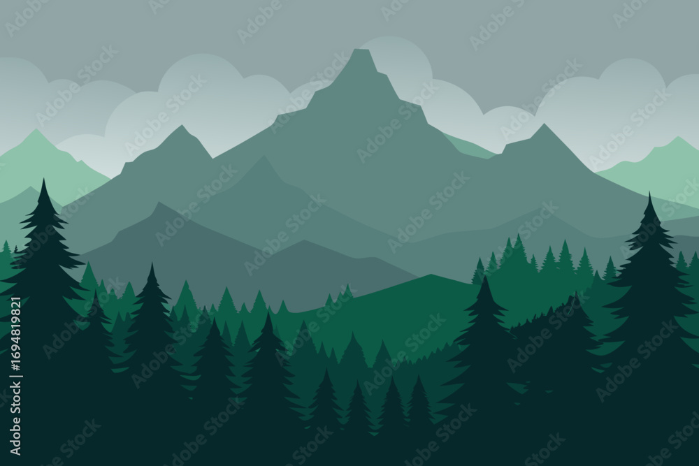 Fototapeta premium Serene mountain range with layered evergreen forest and cloudy sky