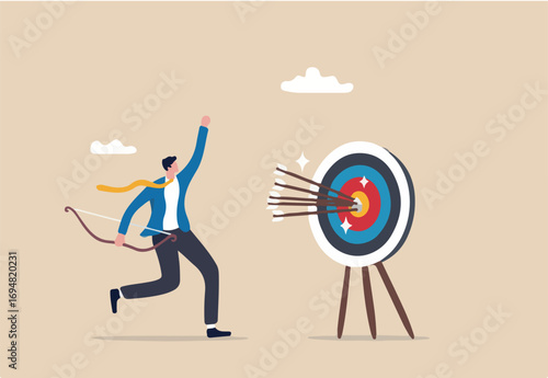 Success reaching goal or target, victory or winner, accuracy and achievement to hit target bullseye, efficiency or perfection concept, businessman archery shoot all his bows hitting bullseye target.