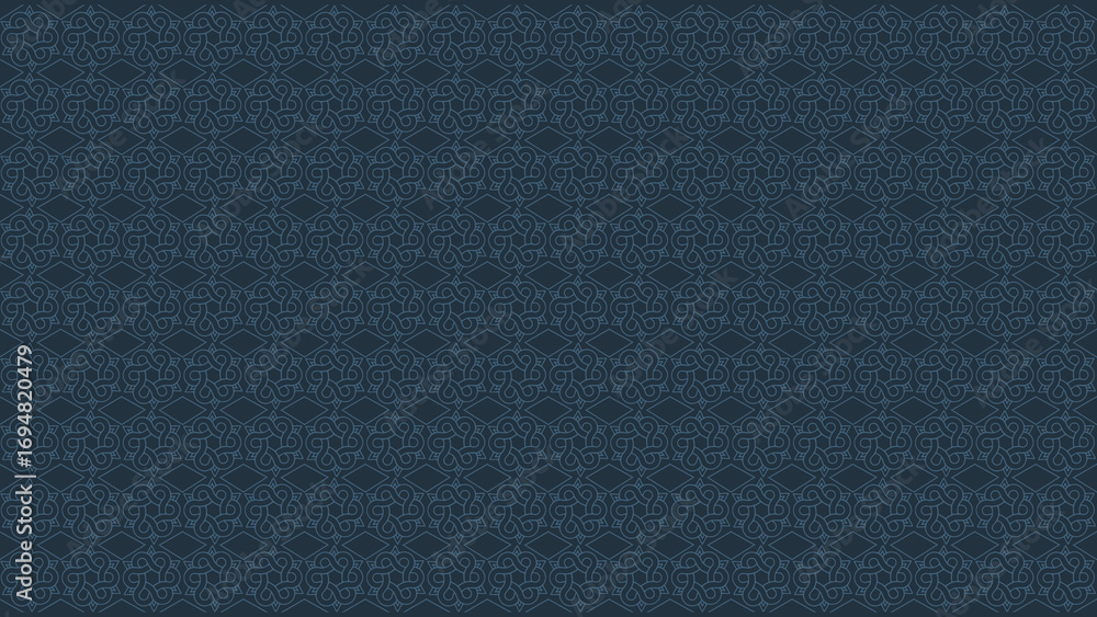 Fototapeta premium Intricate and delicate interlocking linear pattern with a knot-like design in dark blue on a muted blue-gray background, a seamless repeating pattern