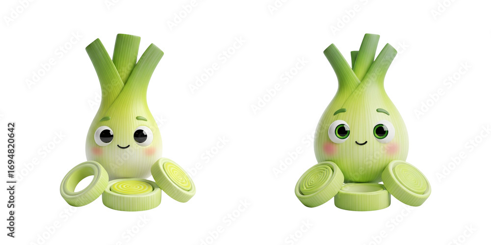 Obraz premium Cartoon fennel bulbs with green stalks and smiling faces, surrounded by round green elements, designed as playful vegetable illustrations